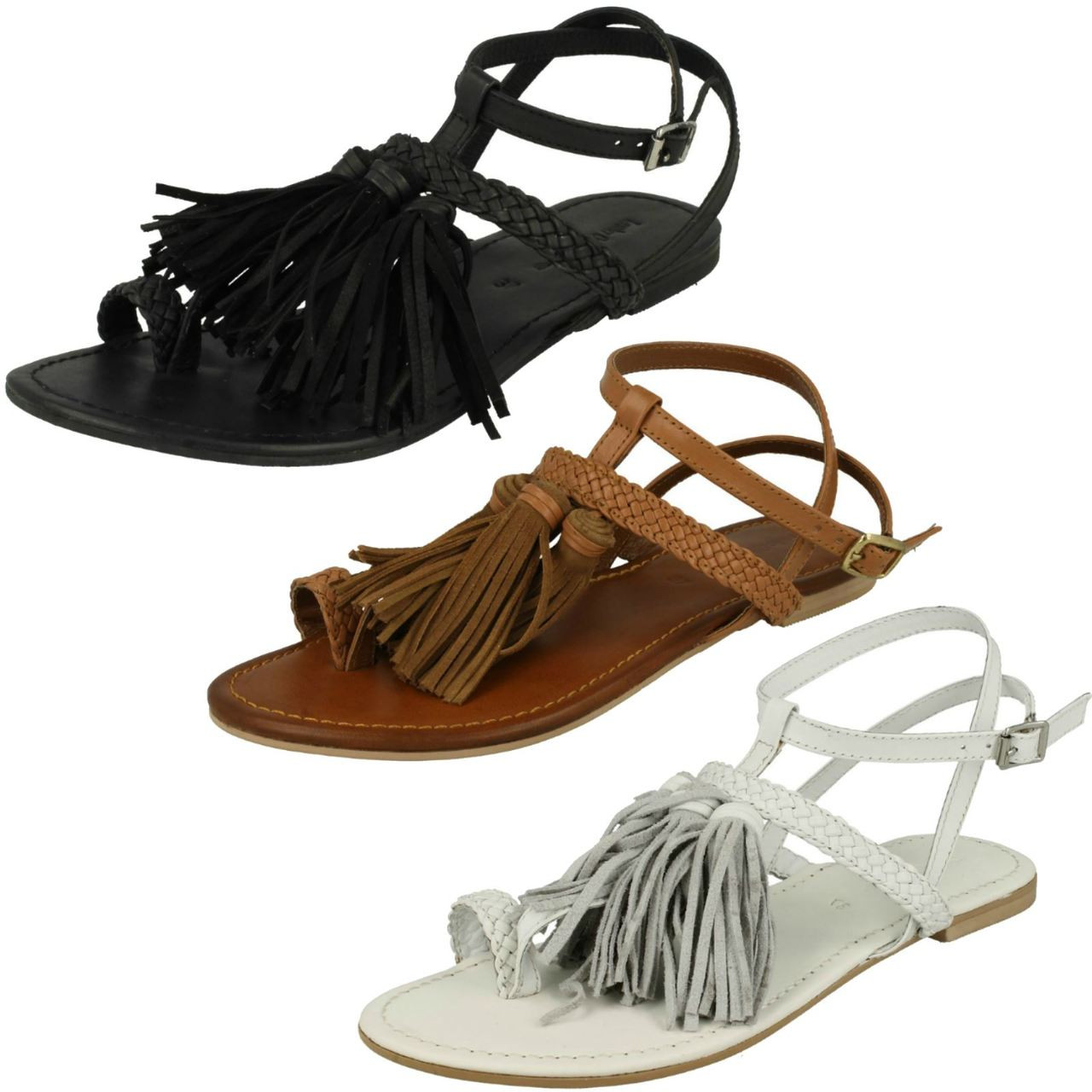 Ladies Leather Collection Flat Tassel Sandals