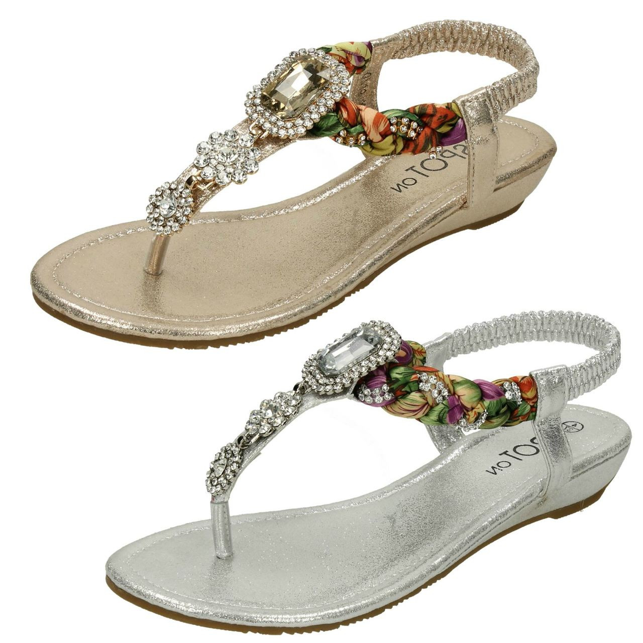 Ladies Spot On Low Wedge Toepost Jewelled Sandals