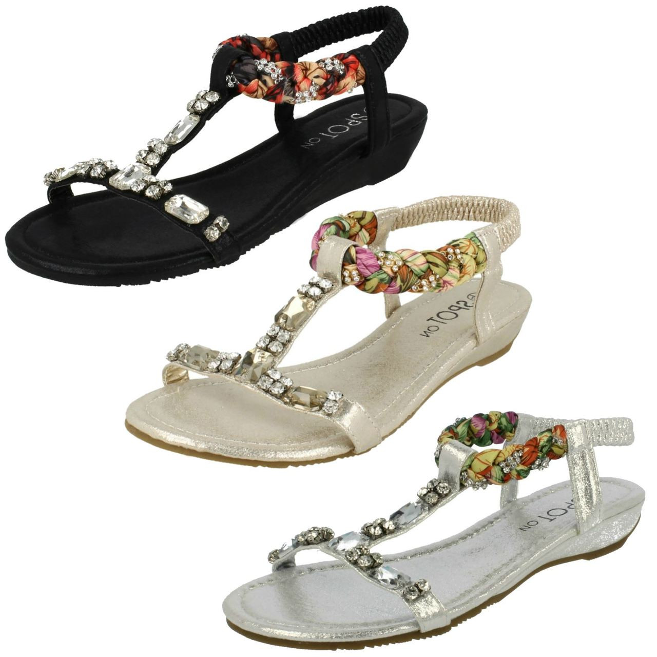 Ladies Spot On Low Wedge H Bar Jewelled Sandals