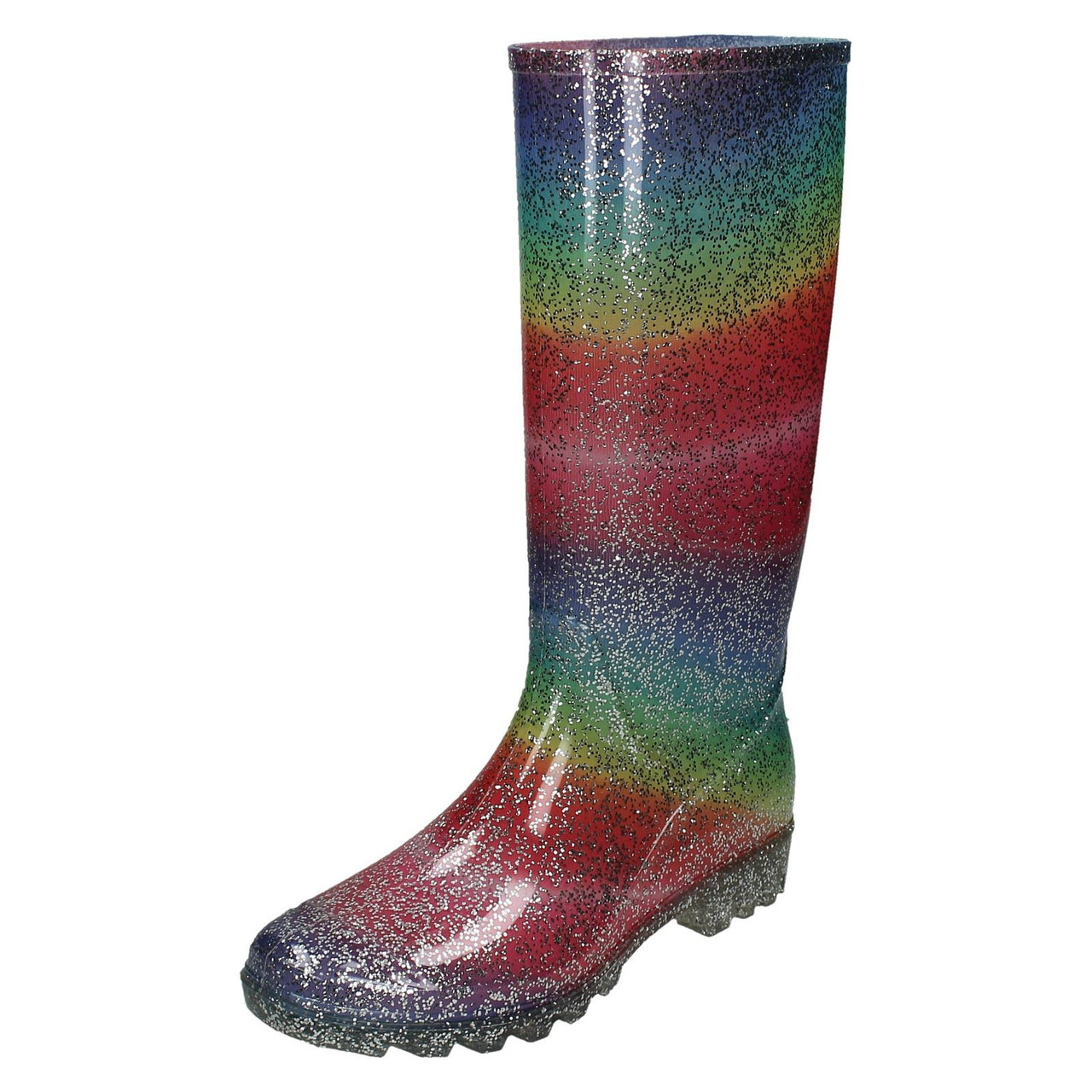 Ladies Spot On Rainbow Glitter Wellingtons X1255