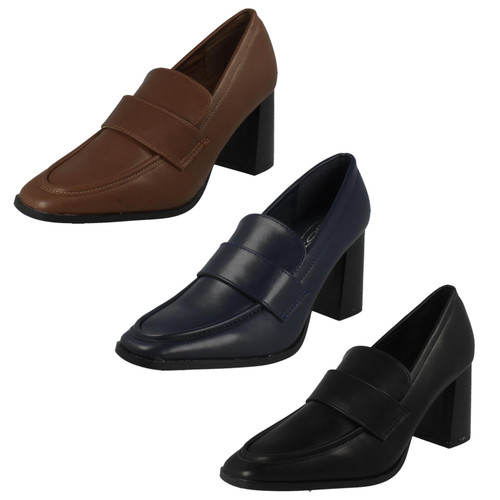 Ladies Spot On Wide Fit High Heeled Loafer Style Shoes F9R0132