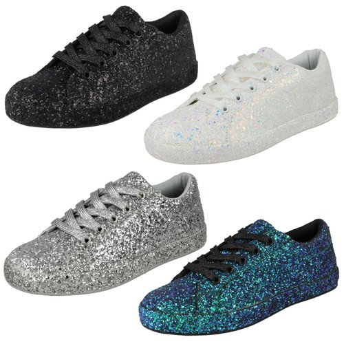 Ladies Spot On Lace Up Glitter Trainers F7R100