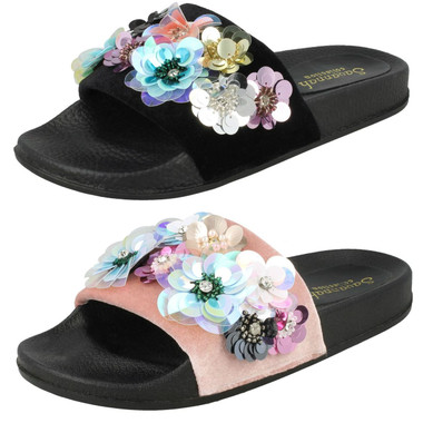 Ladies Savannah Diamante Slip On Slider Mules