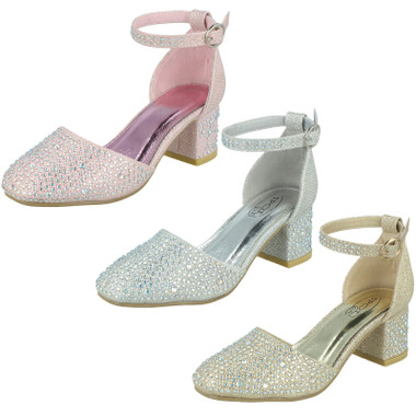 KR Spot On H3R065 Girls Silver Glitter Mid Heel Court Shoe