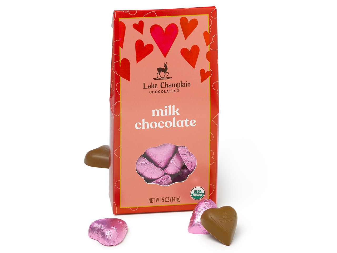 Milk Chocolate Hearts: Pink Foil Valentines Chocolate Hearts