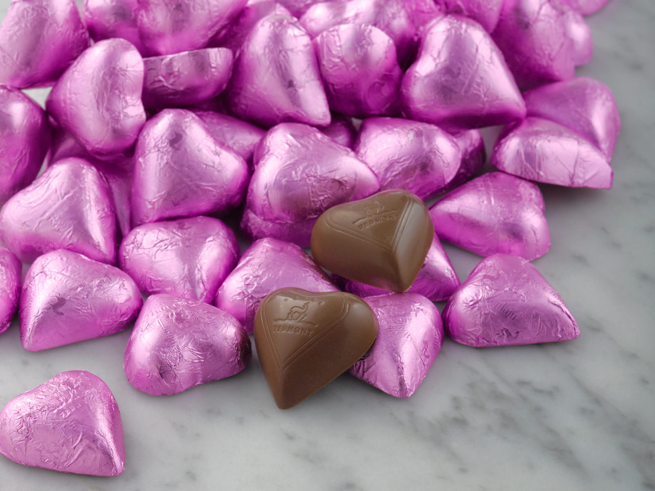 Milk Chocolate Hearts: Foil-Wrapped Pink Chocolate Hearts & Bulk Favors