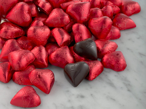 Organic Dark Chocolate Hearts 155pc wrapped in red foil View Product Image