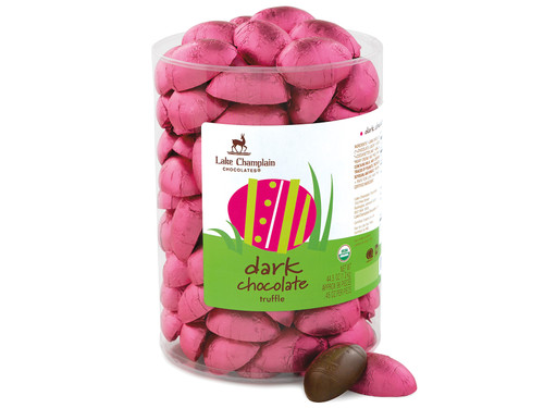 Dark chocolate truffle Easter eggs wrapped in pink foil. View Product Image