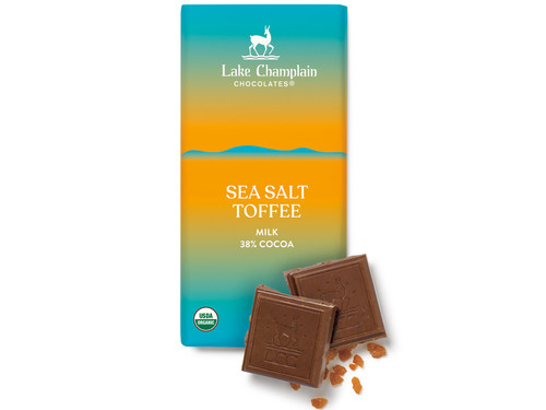 Organic milk chocolate sea salt toffee bar. View Product Image