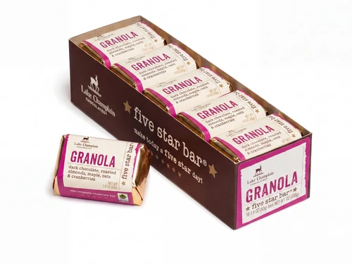 10 pack of Granola Five Star Bars® in a rectagular shaped package with a wrapped Granola bar sitting in front of the 10 pack.