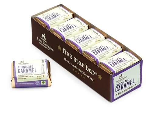 10 pack of Chocolate Caramel Five Star Bars® packaged in a long rectangular box with a wrapped chocolate caramel bar sitting in front of the 10 pack.