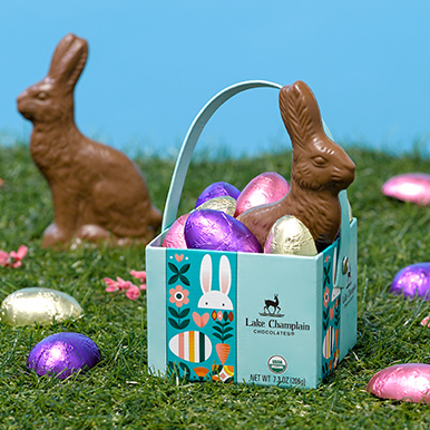 Bunny hop gift basket with a milk chocolate bunny and colorful foil wrapped eggs sitting in an Easter themed box with a handle, on grass with a milk chocolate bunny and assorted chocolate eggs and a blue sky in the background.