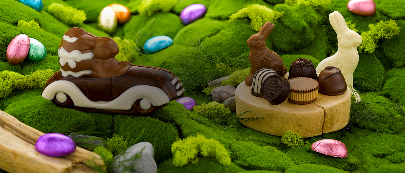 Assorted Easter chocolate bunnies, foil wrapped chocolate eggs, gourmet truffles, milk peanut butter cup and a honey caramel chocolates of Vermont piece. 