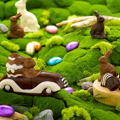 Assorted Easter themed chocolates sitting on a background of grassy moss with rocks and assorted chocolate eggs wrapped in colorful foils and chocolate bunnies in the background.