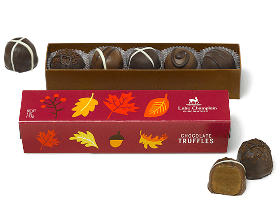Autumn 5pc truffle gift box with truffles around the gift box.