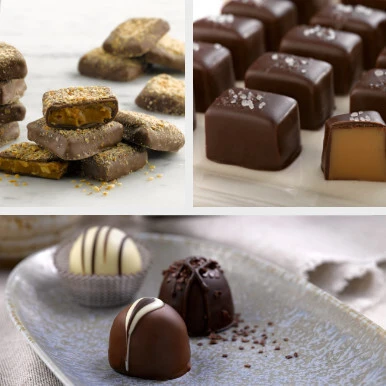 Almond butter crunch in the top left corner, dark sea salt caramels in the right hand corner and assorted chocolate truffles in the bottom section of the image.