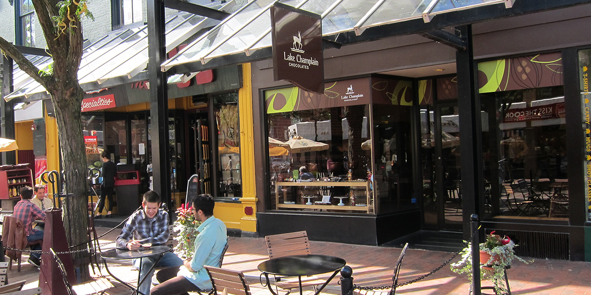 outside view of Lake Champlain Chocolates on Church Street in Burlington