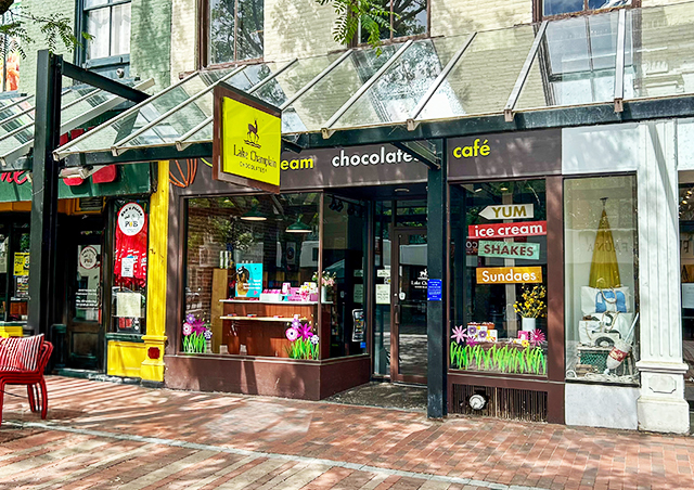 outside Lake Champlain Chocolates on the Church Street Market Place