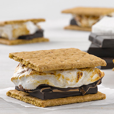 Two graham crackers with a toasted marshmallow and melted chocolate bar pieces in between with assembled smore's in the background.