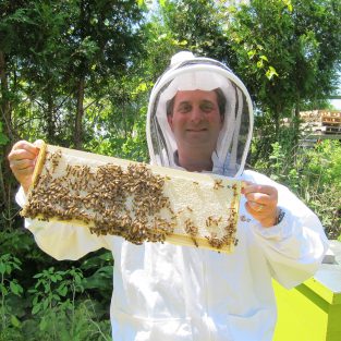 Gary holding a frame of bees