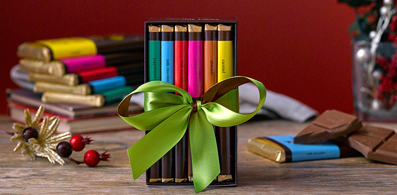 chocolate bar library with gift bow