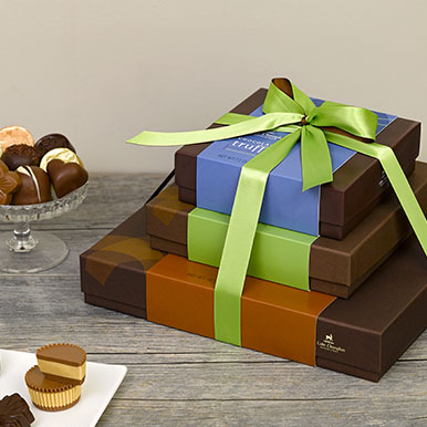 Assorted gourmet chocolate gift box tower