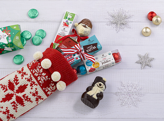 holiday stocking filled with chocolate treats