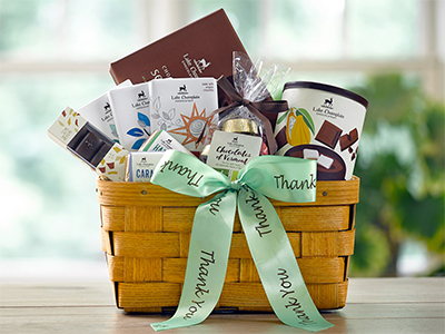 thank you gift basket filled with gourmet chocolates