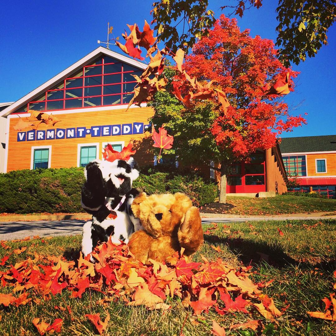 teddy bears playing in the leaves outside of the factory