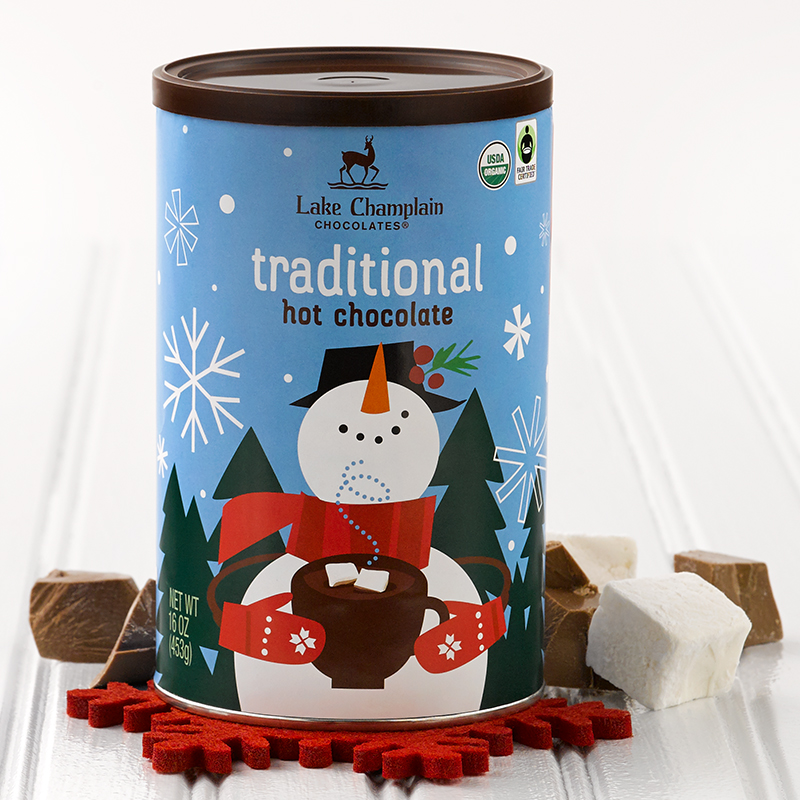 tin of winter-themed hot chocolate