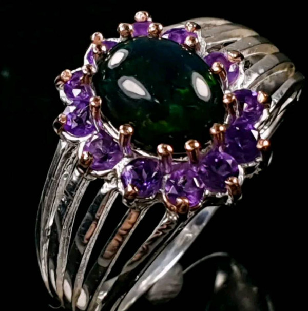Inel de argint 925-opal negru-ametist