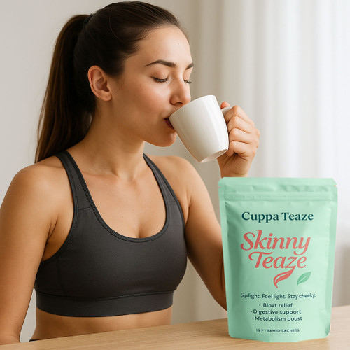 Lighten up with Skinny Teaze — an herbal tea for bloating and digestion, made with dandelion, senna, and peppermint. Fresh, functional, and caffeine-free.