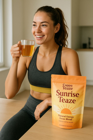 Sunrise Teaze is a lightly caffeinated herbal tea for energy and focus. Made with yerba mate, green tea, and lemon peel. No crash — just clean glow. Sunrise Teaze is a lightly caffeinated herbal tea for energy and focus. Made with yerba mate, green tea, and lemon peel. No crash — just clean glow.