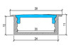 Wide recessed LED aluminium profile cross section with dimensions showing large channel for high output strips