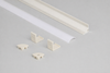 White LED aluminium corner profiles with diffusers showing complete channel components and accessories