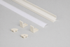 White LED aluminium corner profiles with diffusers showing complete channel components and accessories