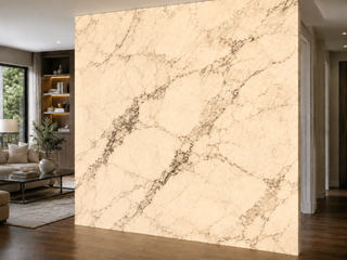 Marble wall after LED backlight installed - illuminated with warm white glow