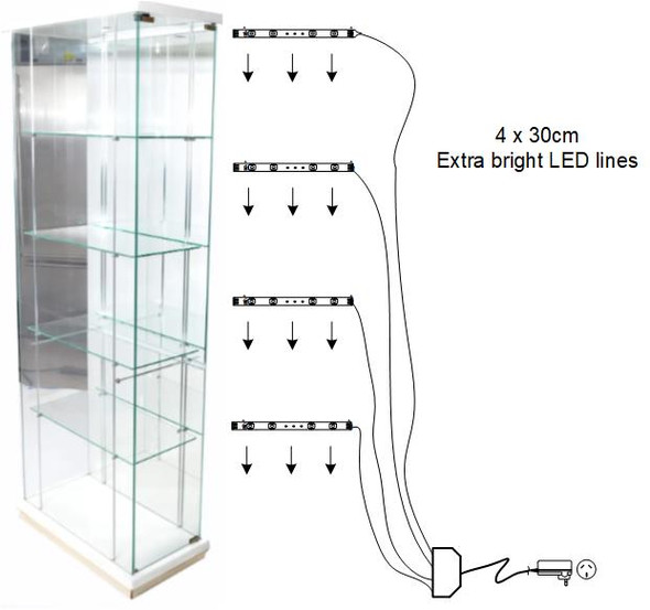 LED lights for glass display cabinets complete kit with slim aluminium profile LED strip driver and connectors for cabinet lighting