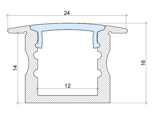 Cross section view of PA-14 recessed deep LED channel showing wide internal cavity and diffuser fitment