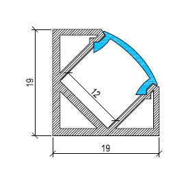 PA-03 Type 2 corner LED aluminium profile cross section with 45 degree angled design for corner installation
