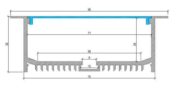 wide box aluminium LED profile recessed type 2 cross section technical drawing dimensions