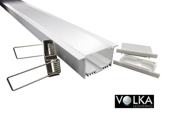 Wide box aluminium recessed LED profile kit with diffuser end caps and mounting accessories