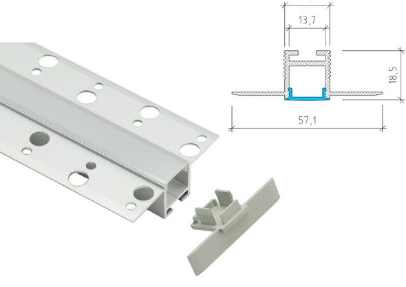 Plaster in LED profile PA kit with aluminium channel diffuser end caps and mounting accessories
