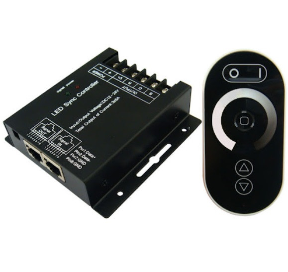 LED sync dimmer controller with remote for single colour LED strip lighting brightness control
