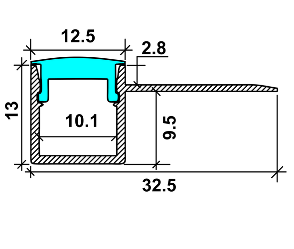 Plaster bendable aluminium LED profile cross section with dimensions for flexible curved installations