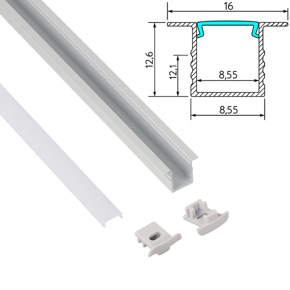 Mini recessed LED profile Type 2 kit with aluminium channel diffuser end caps and mounting accessories