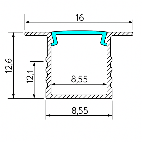 Mini recessed LED aluminium profile Type 2 cross section with compact dimensions for narrow installations