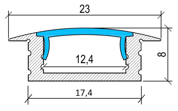 PA-0 recessed LED aluminium profile cross section with dimensions showing compact flush mount design