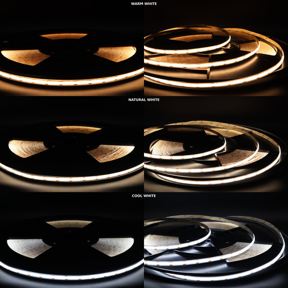 SmoothLine adjustable white LED strip light featuring warm, neutral and cool white tones. 24V 15W/m dot-free linear lighting ideal for kitchens, cabinets, bathrooms, shelving and architectural installations.