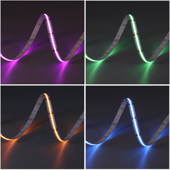 FCOB RGB+CCT dotless LED strip showing pink, green, amber and blue colour options
